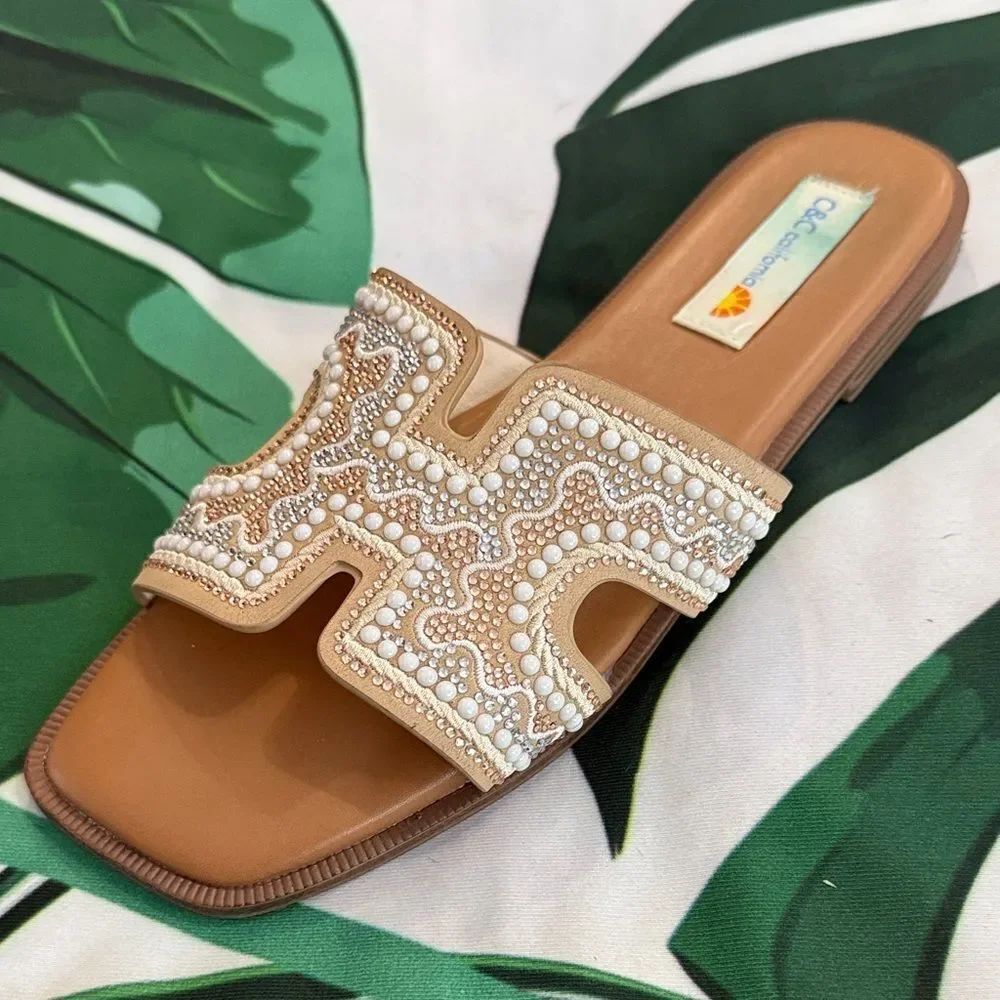* C&C California Tan and Cream Beaded Sandals